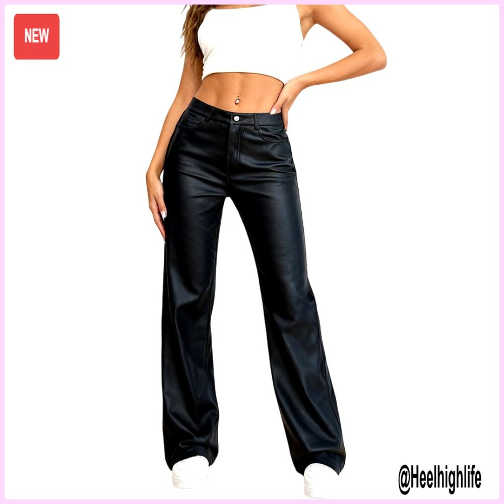 PU Leather High Waist Wide Leg Pants Y2K Style Concert Pocket